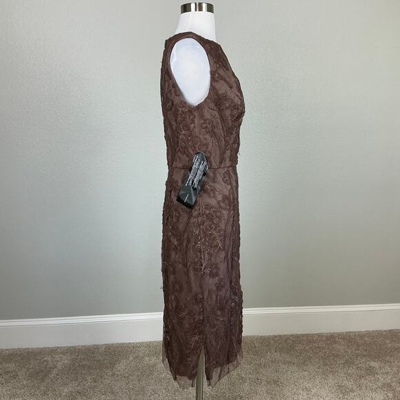 JS Collections Glitter Lace Tulle Midi Sheath Cocktail Dress Mink Brown Size 10 - Picture 3 of 13